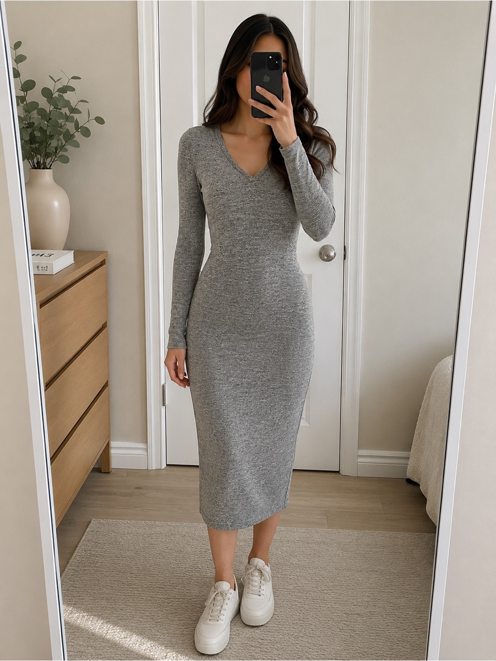 Wilfred Long Sleeve Ribbed V-Neck Midi Dress in Gray